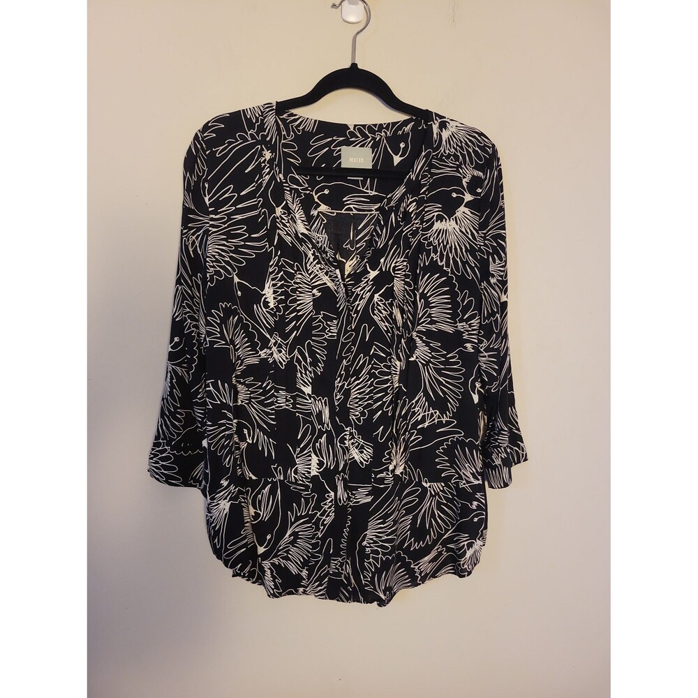 Maeve Black Rayon Bird Print Button Up Shirt Sz 12 Boho Novelty Bohemian - Picture 2 of 7